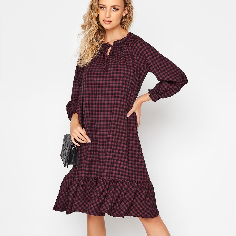 NWT Long Tall Sally LTS Burgundy Red Gingham Smock Midi Dress